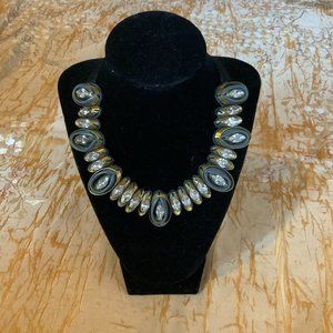 Leather and Brass Ribbon Necklace with Rhinestones